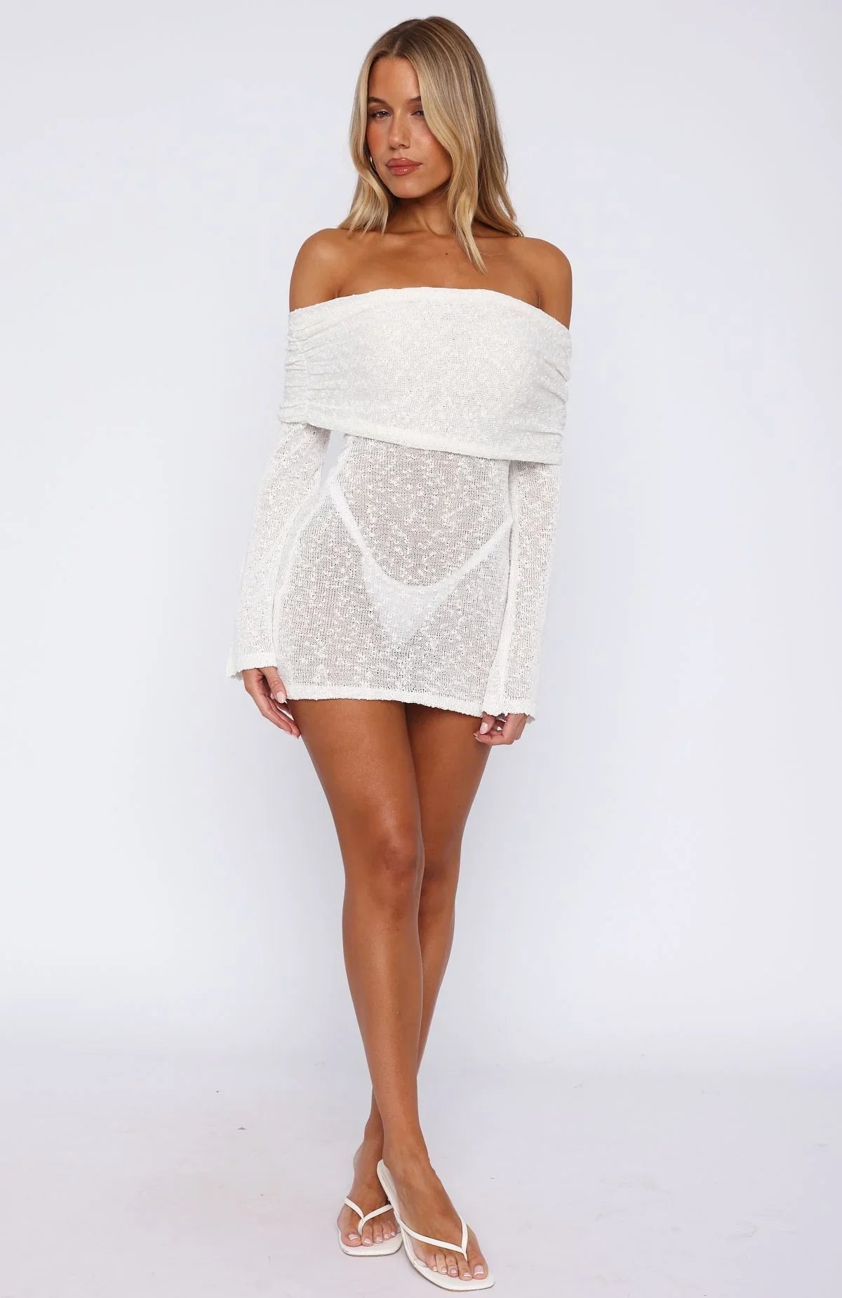 Can't Leave Me Long Sleeve Boucle Mini Dress White