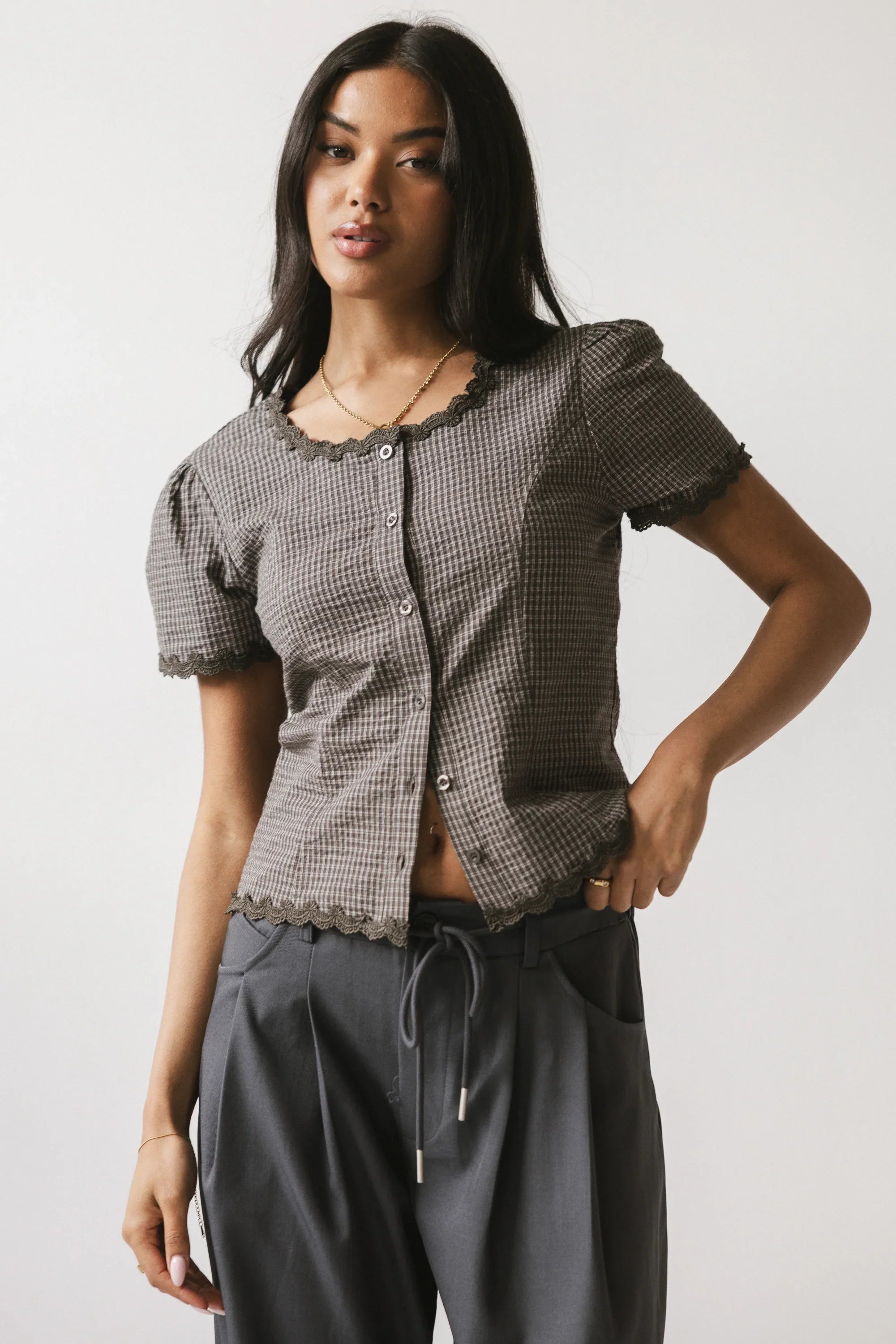 Serra Lace Trim Blouse in Charcoal