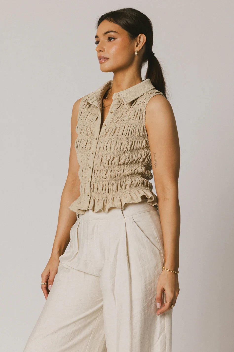 Russel Smocked Button Up in Taupe