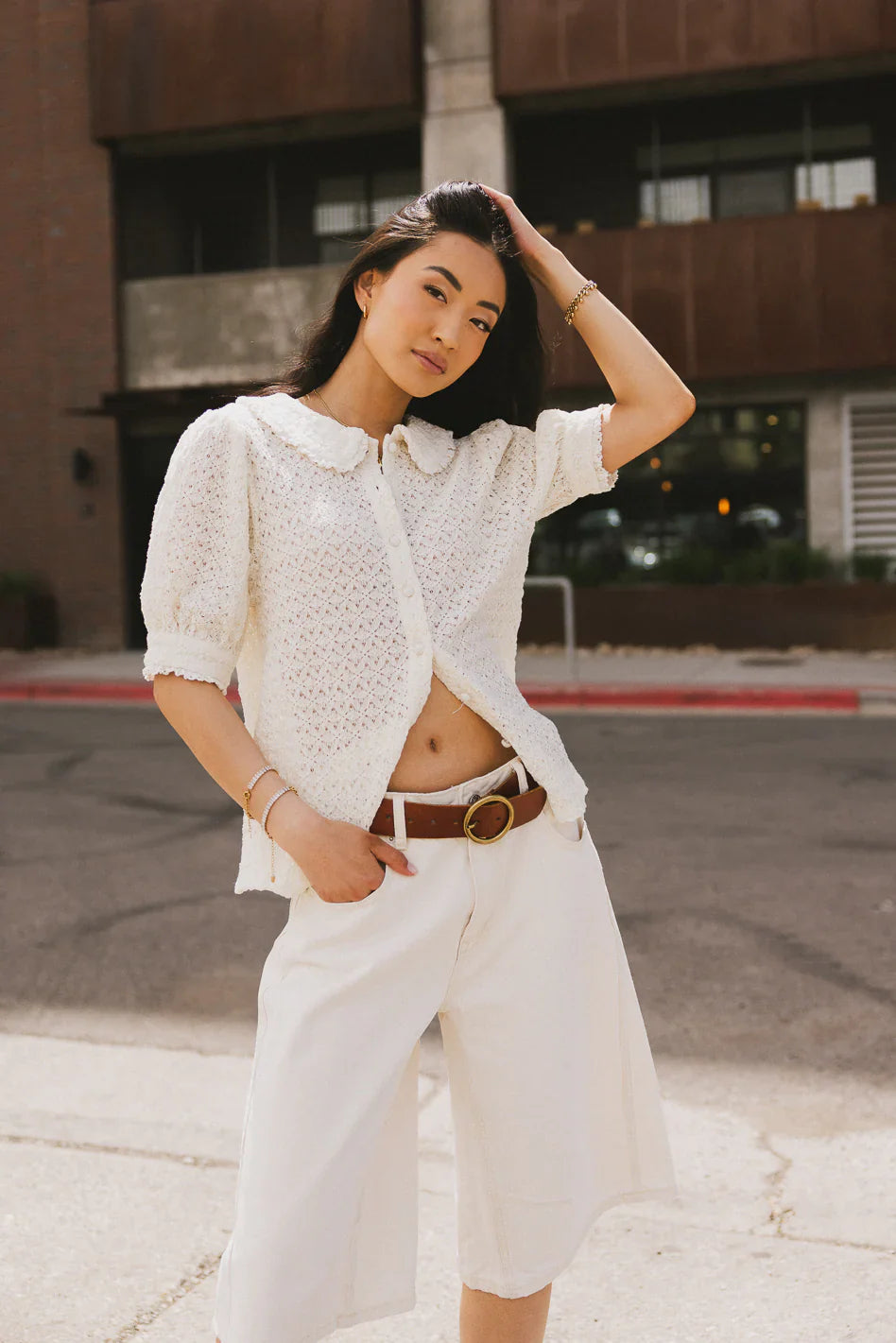 Lyla Collared Lace Top in Ivory